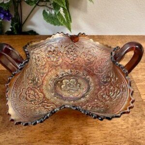 Fenton Persian Medallion Amethyst Carnival Glass Dish Purple Blue Gold Iridescen